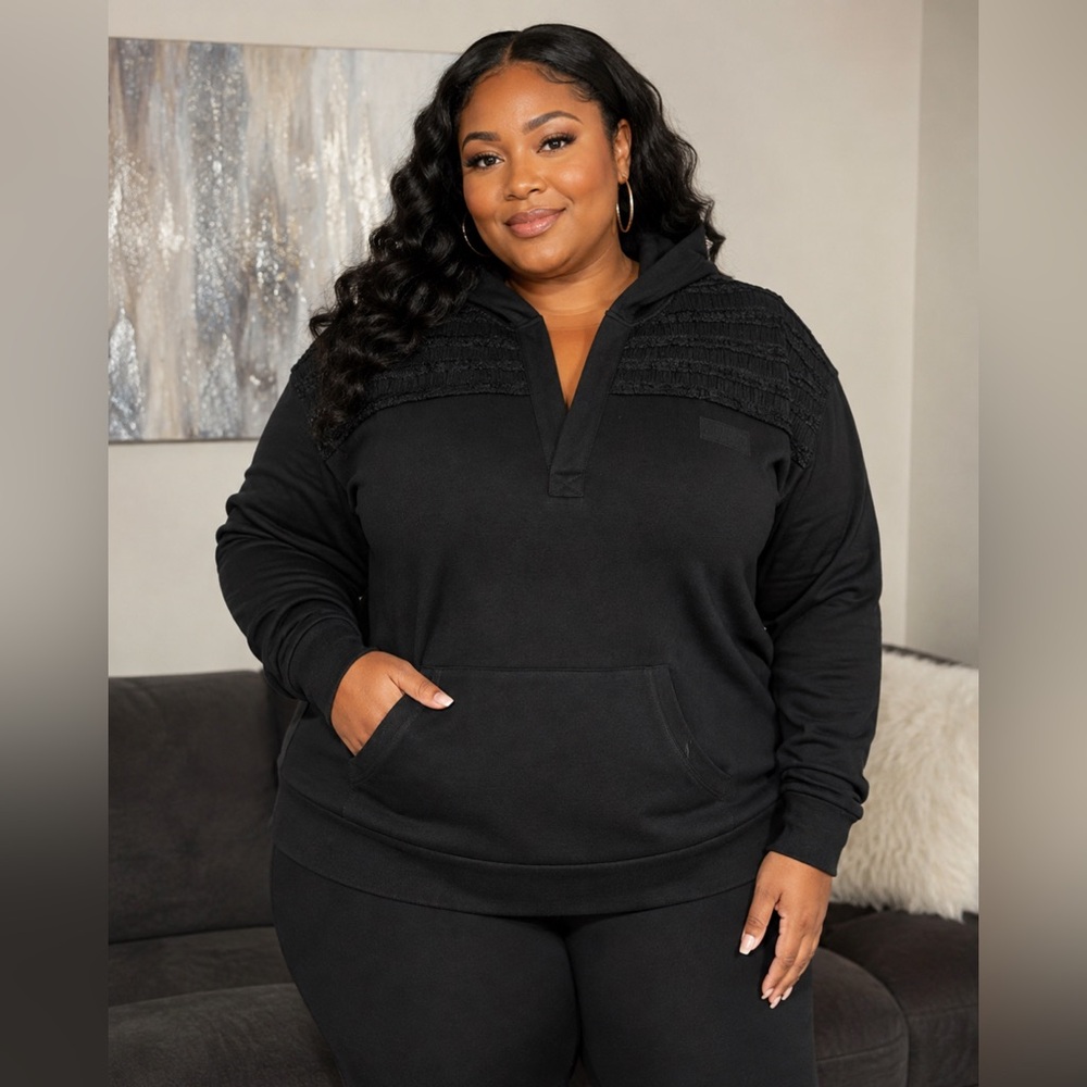 Torrid NWOT  Black Hooded Pullover with Knit Yoke Detail